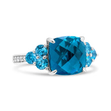 Load image into Gallery viewer, 18K White Gold 10mm Cushion Shaped Blue Topaz and 1/6 Cttw Diamond 3 Stone Style Ring (F-G Color, VS1-VS2 Clarity) - Ring Size 6.5
