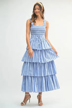 Load image into Gallery viewer, Pin Stripe Smocked Bodice Layered Midi Dress – Smocked Bodice Dress, Fluttering Pinstripe Midi Dress, Layered Midi Dress, Trendy Midi Dress, Flattering Pinstripe Dress
