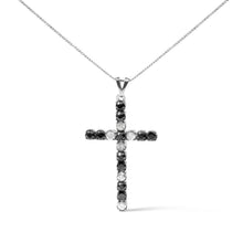 Load image into Gallery viewer, .925 Sterling Silver 2.0 Cttw Prong Set Round Natural Treated Black and White Diamond Cross Pendant Necklace - 18" (Black/H-I Color, I3 Clarity)

