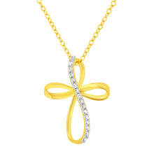 Load image into Gallery viewer, 10K Yellow Gold Plated .925 Sterling Silver Diamond Accent Cross Ribbon 18" Pendant Necklace (I-J Color, I2-I3 Clarity)
