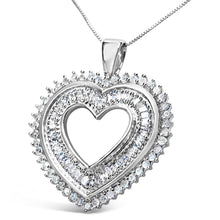 Load image into Gallery viewer, .925 Sterling Silver 1.0 Cttw Baguette and Round Diamond  Heart Pendant 18" Necklace (H-I Color, I3 Clarity)
