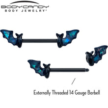Load image into Gallery viewer, 14G 9/16 Black Bats in Blue Barbell Nipple Ring Set

