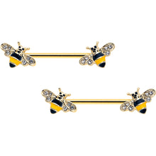 Load image into Gallery viewer, 14G 3/4 Clear CZ Gem Gold Tone Bee Luv Barbell Nipple Ring Set
