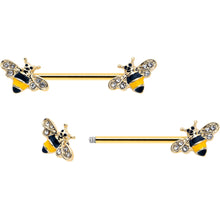 Load image into Gallery viewer, 14G 3/4 Clear CZ Gem Gold Tone Bee Luv Barbell Nipple Ring Set
