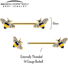 Load image into Gallery viewer, 14G 3/4 Clear CZ Gem Gold Tone Bee Luv Barbell Nipple Ring Set

