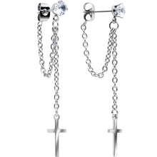 Load image into Gallery viewer, Clear Gem Chain Dangle Cross Stud Earrings
