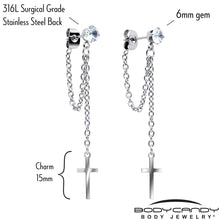 Load image into Gallery viewer, Clear Gem Chain Dangle Cross Stud Earrings
