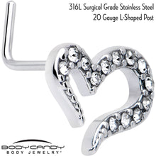Load image into Gallery viewer, 20G 7mm Clear Gem Stylized Heart L Shape Nose Ring
