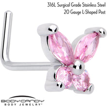 Load image into Gallery viewer, 20G 7mm Pink CZ Gem Open Wing Butterfly L Shape Nose Ring
