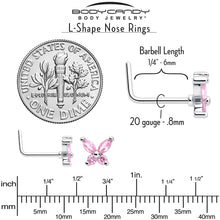Load image into Gallery viewer, 20G 7mm Pink CZ Gem Open Wing Butterfly L Shape Nose Ring
