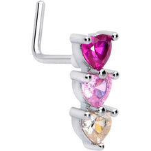 Load image into Gallery viewer, 20G 7mm Red Pink CZ Gem Stacked Heart Trio L Shape Nose Ring

