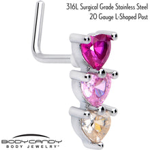 Load image into Gallery viewer, 20G 7mm Red Pink CZ Gem Stacked Heart Trio L Shape Nose Ring
