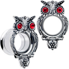 Load image into Gallery viewer, Red CZ Gem Wise Owl Screw Fit Tunnel Plug Set Available Sizes 6mm to 16mm
