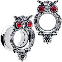 Load image into Gallery viewer, Red CZ Gem Wise Owl Screw Fit Tunnel Plug Set Available Sizes 6mm to 16mm
