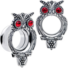 Load image into Gallery viewer, Red CZ Gem Wise Owl Screw Fit Tunnel Plug Set Available Sizes 6mm to 16mm
