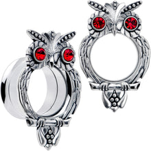 Load image into Gallery viewer, Red CZ Gem Wise Owl Screw Fit Tunnel Plug Set Available Sizes 6mm to 16mm
