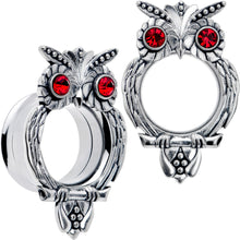 Load image into Gallery viewer, Red CZ Gem Wise Owl Screw Fit Tunnel Plug Set Available Sizes 6mm to 16mm
