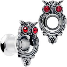 Load image into Gallery viewer, Red CZ Gem Wise Owl Screw Fit Tunnel Plug Set Available Sizes 6mm to 16mm
