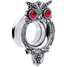 Load image into Gallery viewer, Red CZ Gem Wise Owl Screw Fit Tunnel Plug Set Available Sizes 6mm to 16mm
