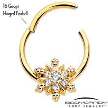 Load image into Gallery viewer, 16G 3/8 Clear CZ Gem Gold Tone Glam Snowflake Hinged Segment Ring

