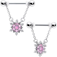 Load image into Gallery viewer, 14G 9/16 Pink CZ Gem Glam Snowflake Chain Dangle Nipple Ring Set
