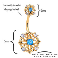 Load image into Gallery viewer, Blue CZ Gem Gold Tone Flower Ring Double Mount Belly Ring
