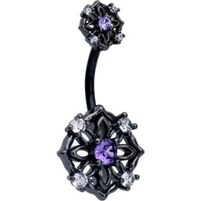 Load image into Gallery viewer, Purple CZ Gem Black Flower Ring Double Mount Belly Ring
