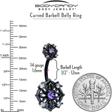 Load image into Gallery viewer, Purple CZ Gem Black Flower Ring Double Mount Belly Ring
