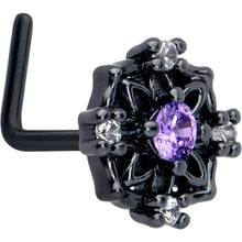 Load image into Gallery viewer, 20G 7mm Purple CZ Gem Black Flower Ring L Shape Nose Ring
