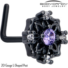 Load image into Gallery viewer, 20G 7mm Purple CZ Gem Black Flower Ring L Shape Nose Ring
