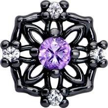 Load image into Gallery viewer, 20G 7mm Purple CZ Gem Black Flower Ring L Shape Nose Ring
