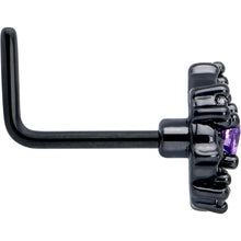 Load image into Gallery viewer, 20G 7mm Purple CZ Gem Black Flower Ring L Shape Nose Ring
