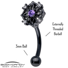 Load image into Gallery viewer, 16G 5/16 Purple CZ Gem Black Flower Ring Curved Eyebrow Ring
