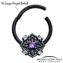 Load image into Gallery viewer, 16G 3/8 Purple CZ Gem Black Flower Ring Hinged Segment Ring
