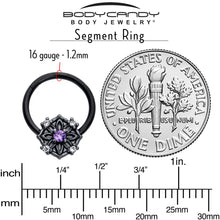 Load image into Gallery viewer, 16G 3/8 Purple CZ Gem Black Flower Ring Hinged Segment Ring
