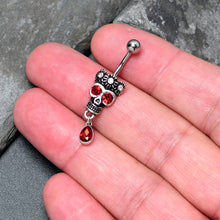 Load image into Gallery viewer, Red Clear CZ Gem Crowned Skull Dangle Belly Ring
