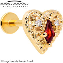 Load image into Gallery viewer, 16G 1/4 Red CZ Gem Gold Tone Heart Queen Flatback Stud
