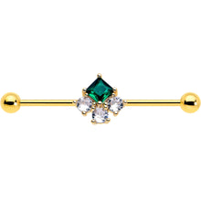 Load image into Gallery viewer, 14G Green CZ Gem Gold Tone Rhombus Riot Industrial Barbell 38mm
