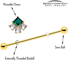 Load image into Gallery viewer, 14G Green CZ Gem Gold Tone Rhombus Riot Industrial Barbell 38mm
