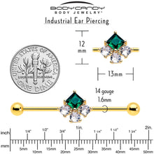 Load image into Gallery viewer, 14G Green CZ Gem Gold Tone Rhombus Riot Industrial Barbell 38mm
