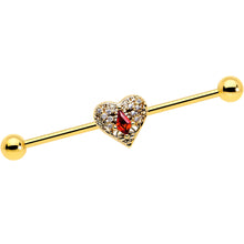 Load image into Gallery viewer, 14G Red CZ Gem Gold Tone Heart Queen Industrial Barbell 38mm
