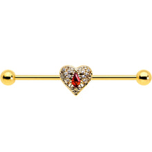 Load image into Gallery viewer, 14G Red CZ Gem Gold Tone Heart Queen Industrial Barbell 38mm
