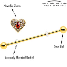 Load image into Gallery viewer, 14G Red CZ Gem Gold Tone Heart Queen Industrial Barbell 38mm
