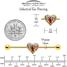 Load image into Gallery viewer, 14G Red CZ Gem Gold Tone Heart Queen Industrial Barbell 38mm
