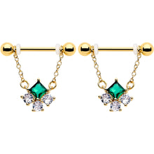 Load image into Gallery viewer, 14G 9/16 Green CZ Gem Gold Tone Rhombus Riot Dangle Nipple Ring Set
