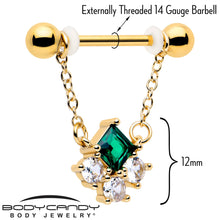 Load image into Gallery viewer, 14G 9/16 Green CZ Gem Gold Tone Rhombus Riot Dangle Nipple Ring Set
