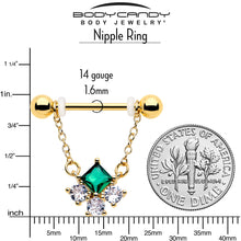 Load image into Gallery viewer, 14G 9/16 Green CZ Gem Gold Tone Rhombus Riot Dangle Nipple Ring Set
