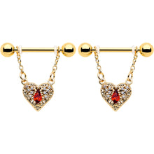 Load image into Gallery viewer, 14G 9/16 Red CZ Gem Gold Tone Heart Queen Dangle Nipple Ring Set
