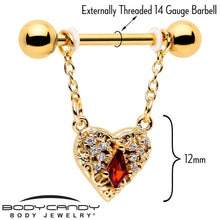 Load image into Gallery viewer, 14G 9/16 Red CZ Gem Gold Tone Heart Queen Dangle Nipple Ring Set
