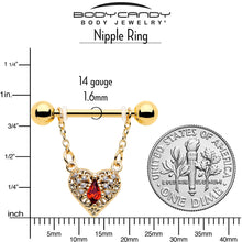 Load image into Gallery viewer, 14G 9/16 Red CZ Gem Gold Tone Heart Queen Dangle Nipple Ring Set

